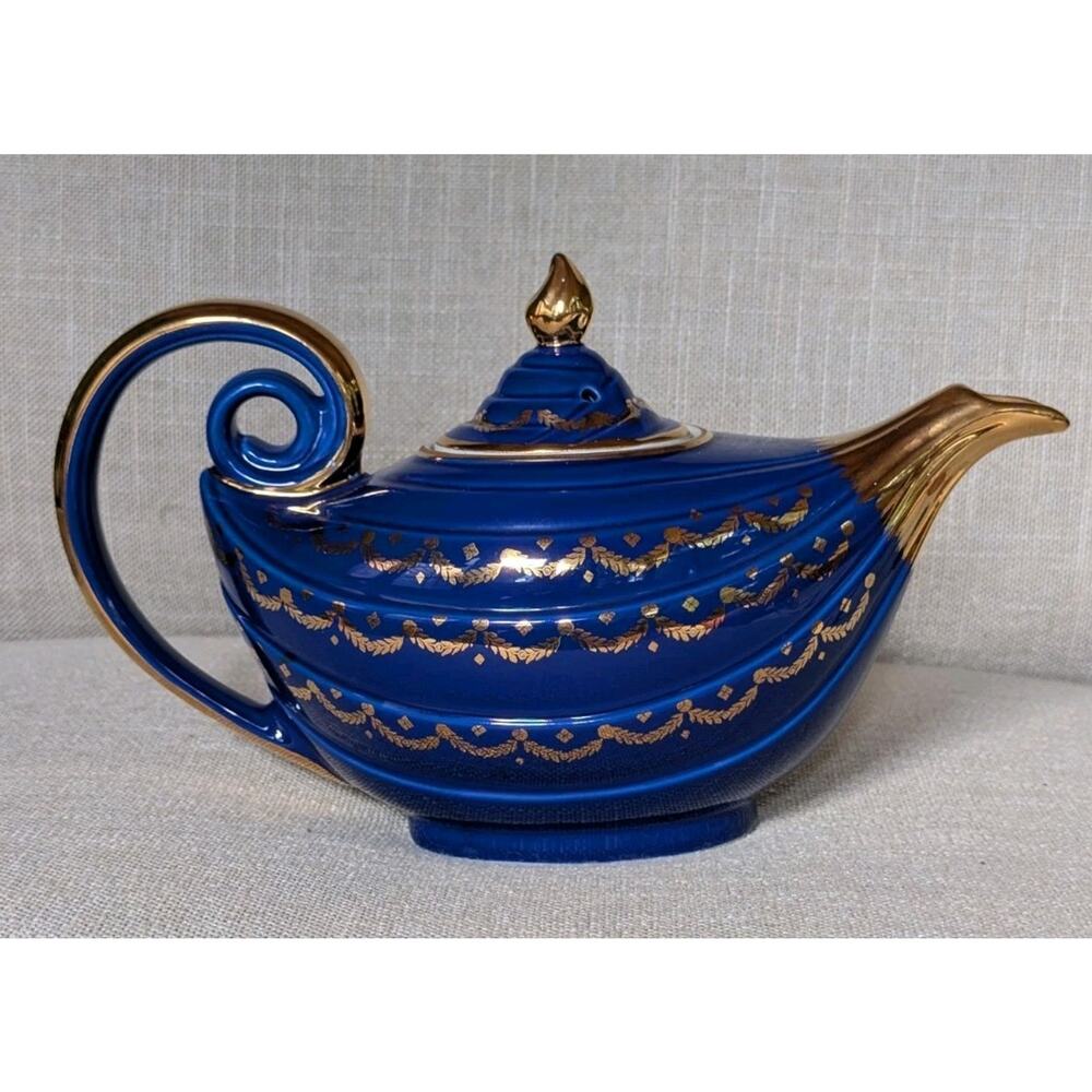 Hall China MCM Marine Blue Aladdin Teapot With Gold Trim and Lid 1950s